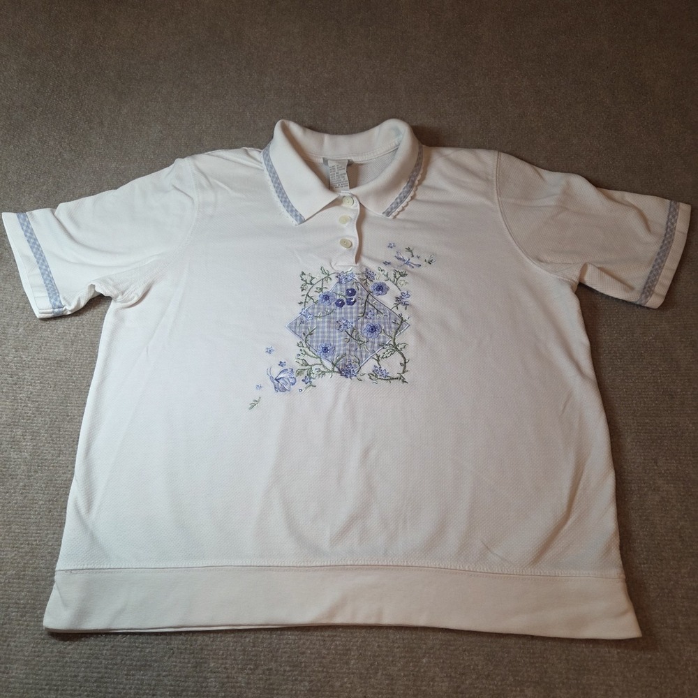 Koret Petites White Floral Gingham Embroidered Polo Shirt Short Sleeve Medium